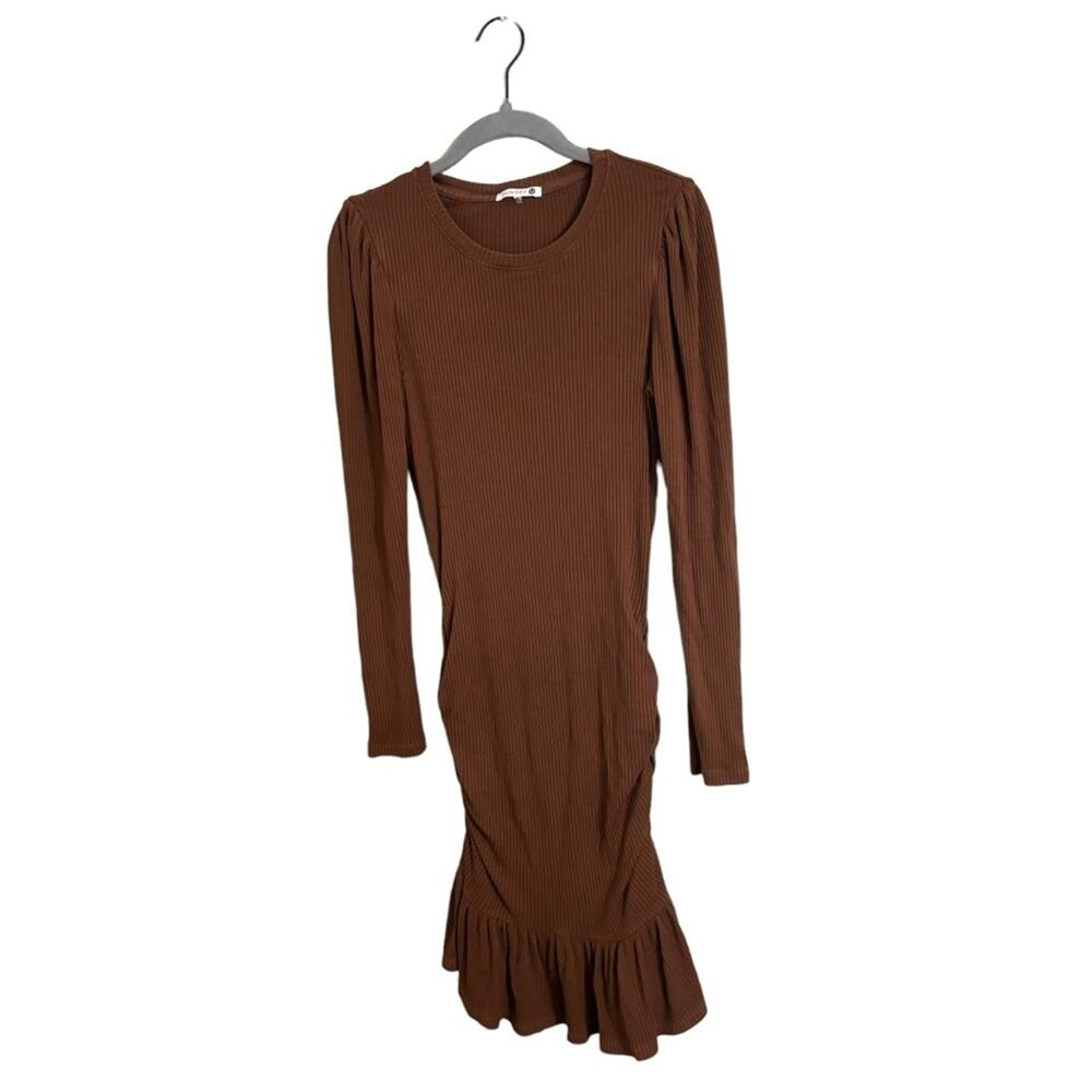 Sundry Brown Ruched Ruffle Dress Long Sleeve Size 2 Medium